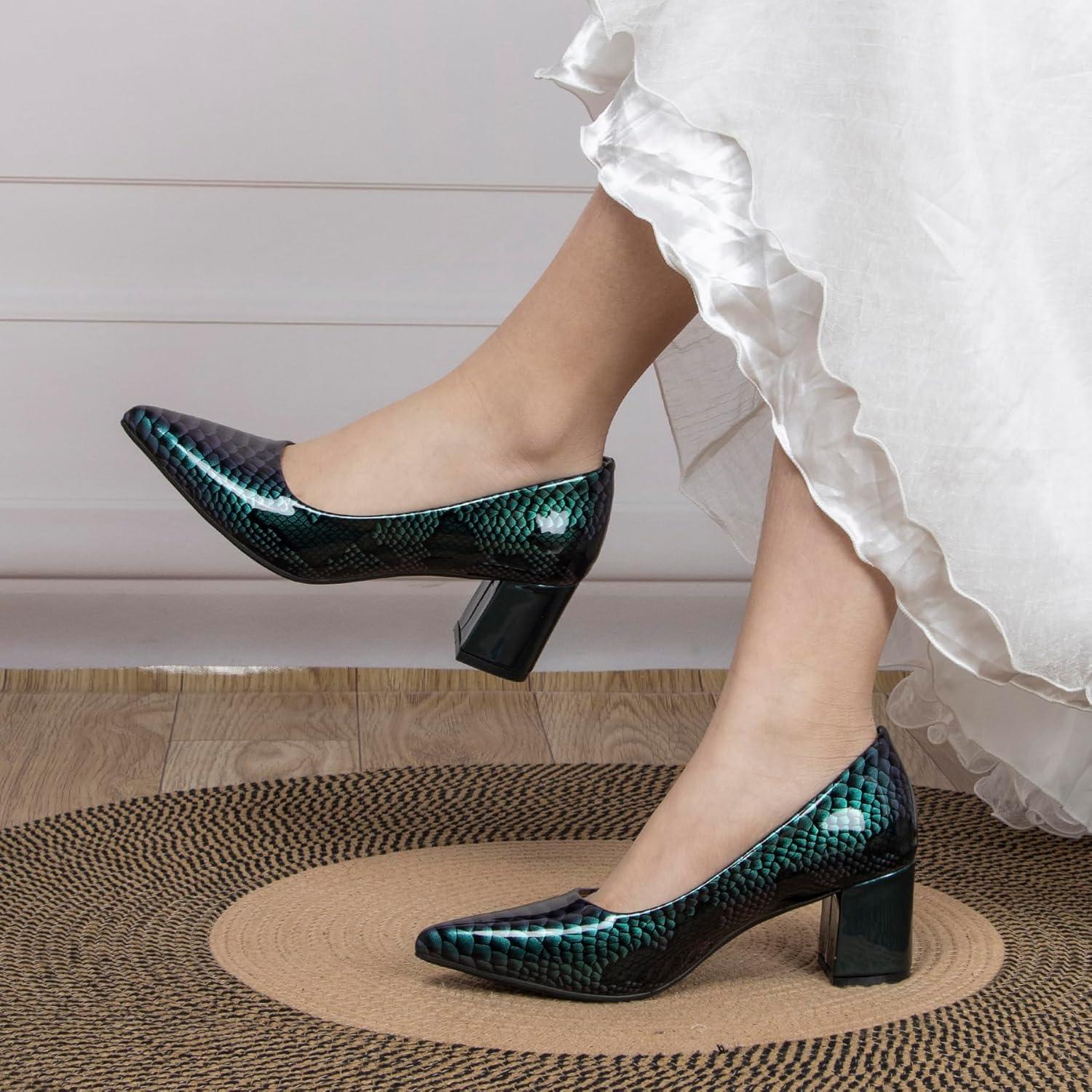 image:imageEscarpins pais Bout ferm et Pointu pour Femme 5 cm imprim Peau de Serpent Talons Bas Cuir Verni habills Confortables Enfiler pour soires et Tous Les JoursVert