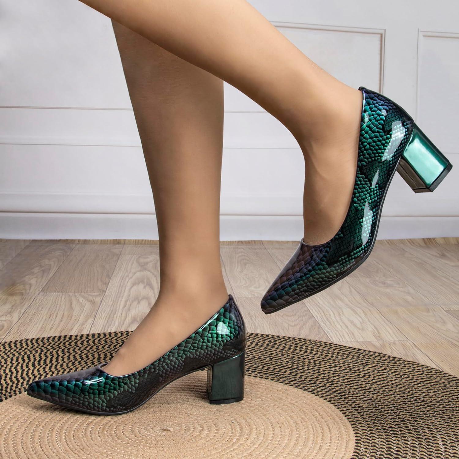 image:imageEscarpins pais Bout ferm et Pointu pour Femme 5 cm imprim Peau de Serpent Talons Bas Cuir Verni habills Confortables Enfiler pour soires et Tous Les JoursVert