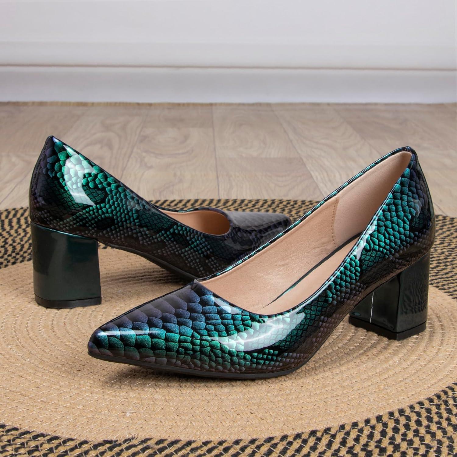 image:imageEscarpins pais Bout ferm et Pointu pour Femme 5 cm imprim Peau de Serpent Talons Bas Cuir Verni habills Confortables Enfiler pour soires et Tous Les JoursVert