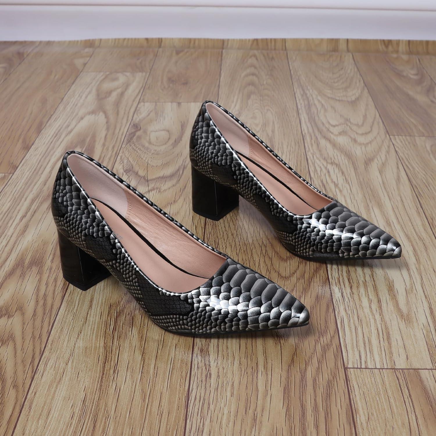 image:imageEscarpins pais Bout ferm et Pointu pour Femme 5 cm imprim Peau de Serpent Talons Bas Cuir Verni habills Confortables Enfiler pour soires et Tous Les JoursArgent