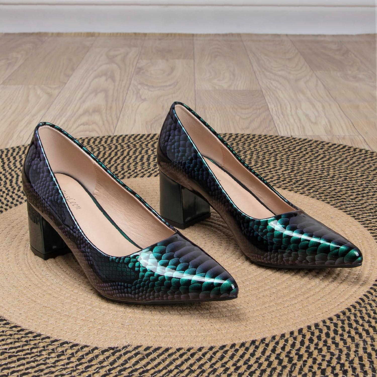 image:imageEscarpins pais Bout ferm et Pointu pour Femme 5 cm imprim Peau de Serpent Talons Bas Cuir Verni habills Confortables Enfiler pour soires et Tous Les JoursVert