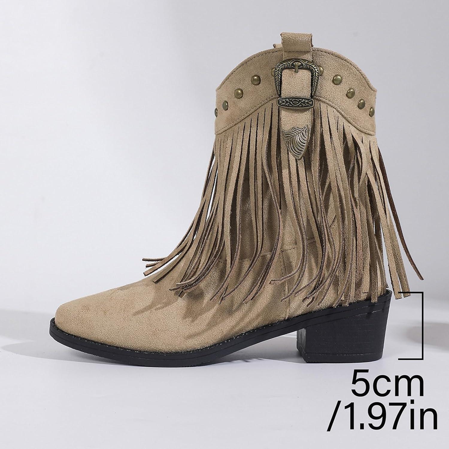 image:imageGenerisch Bottes de cowboy en daim pour femme Bottes basses Bottes western pointues talon bas Bottes en daim perfores Bottes basses pour femmeBeige