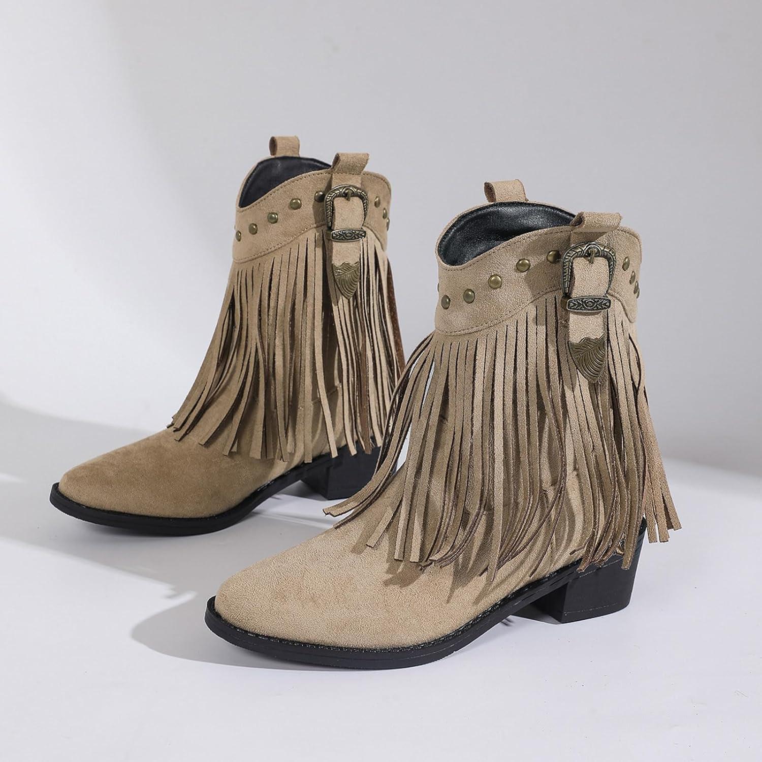 image:imageGenerisch Bottes de cowboy en daim pour femme Bottes basses Bottes western pointues talon bas Bottes en daim perfores Bottes basses pour femmeBeige
