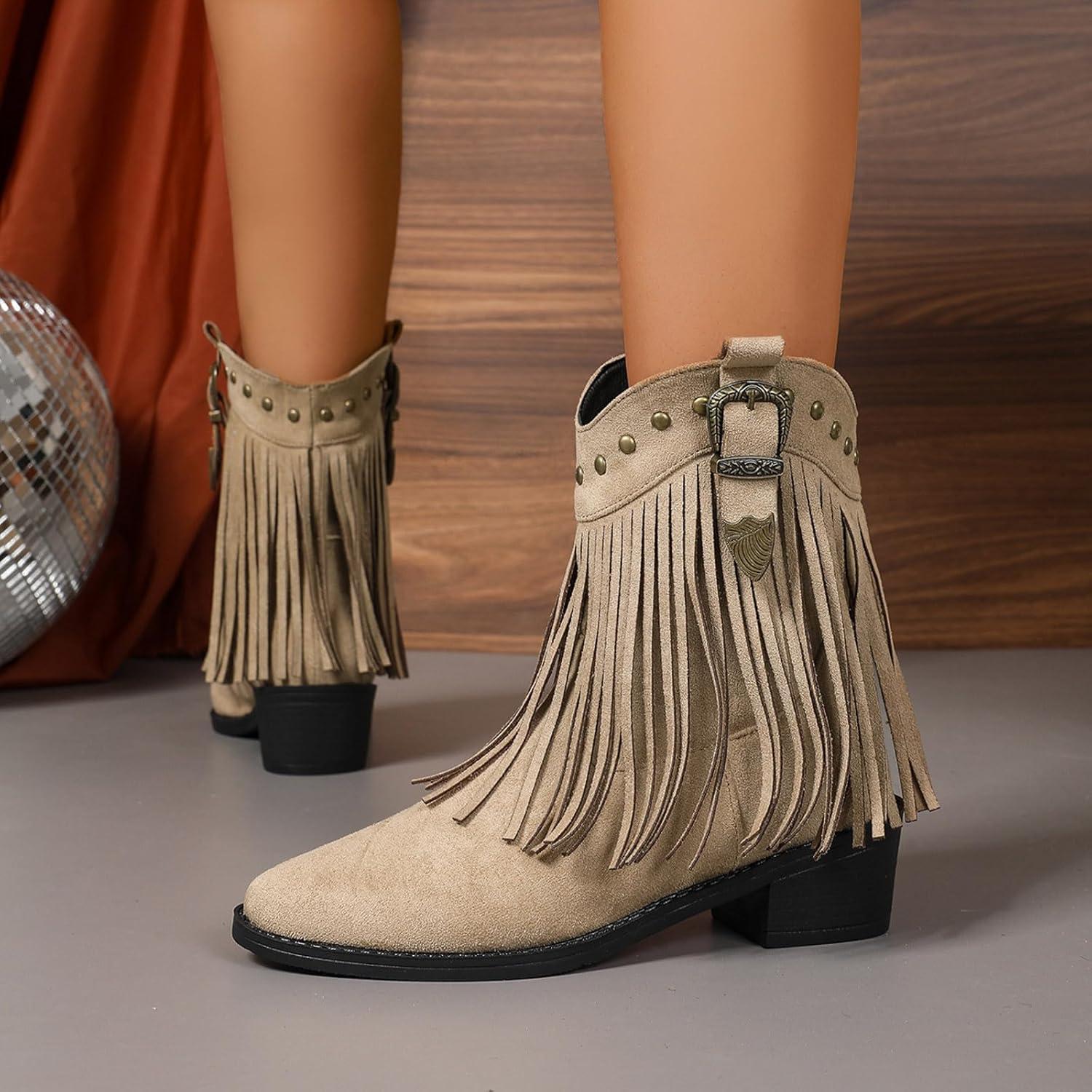 image:imageGenerisch Bottes de cowboy en daim pour femme Bottes basses Bottes western pointues talon bas Bottes en daim perfores Bottes basses pour femmeBeige