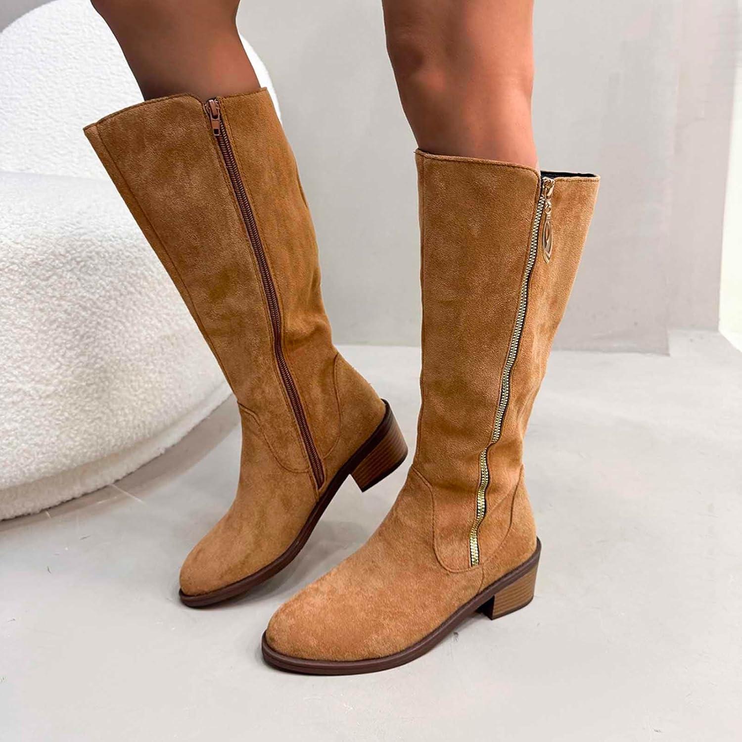 image:imageGenerisch Bottes de cowboy pour femme Bottes de cowboy avec talon Bottes larges Avec fermeture clair Chaussures dhiver basses Bottes westernKaki