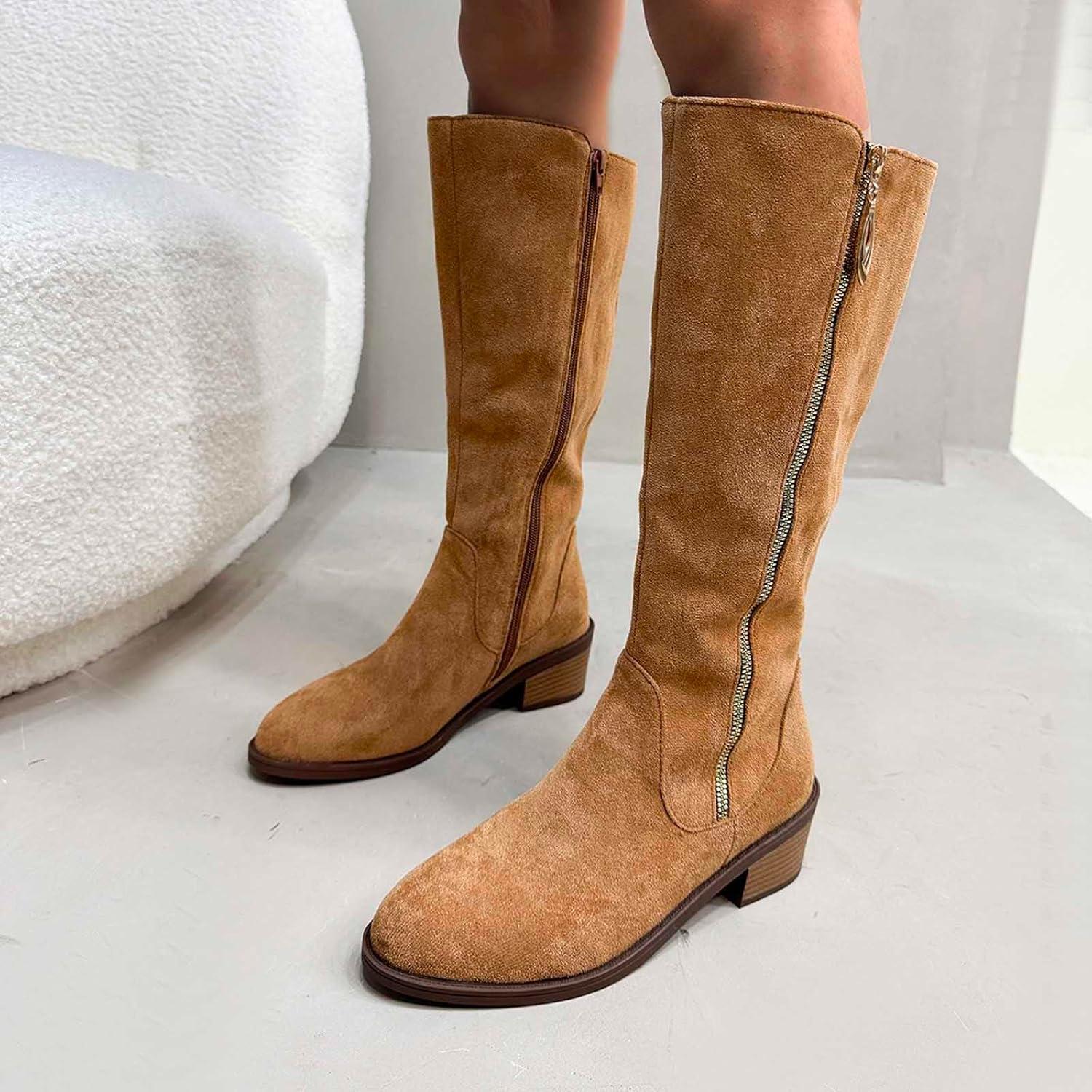 image:imageGenerisch Bottes de cowboy pour femme Bottes de cowboy avec talon Bottes larges Avec fermeture clair Chaussures dhiver basses Bottes westernKaki