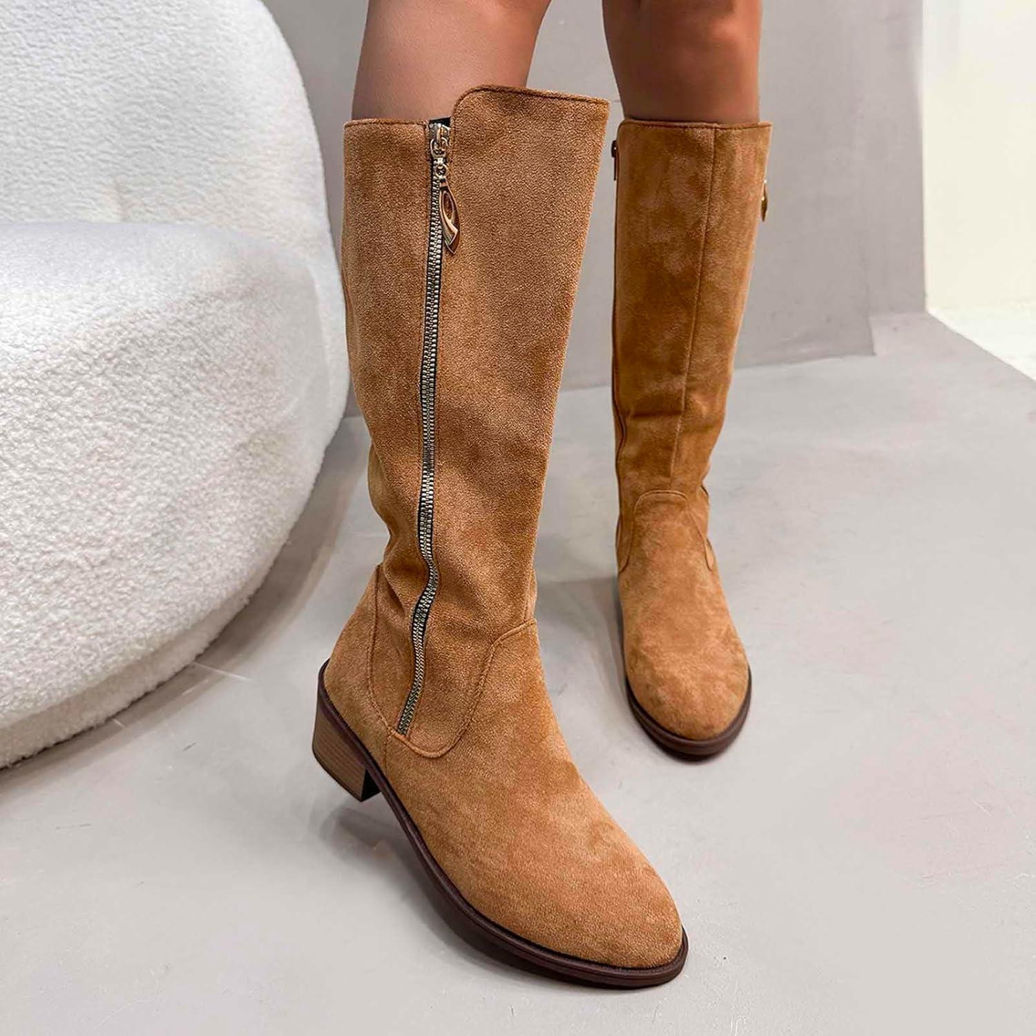image:imageGenerisch Bottes de cowboy pour femme Bottes de cowboy avec talon Bottes larges Avec fermeture clair Chaussures dhiver basses Bottes westernKaki