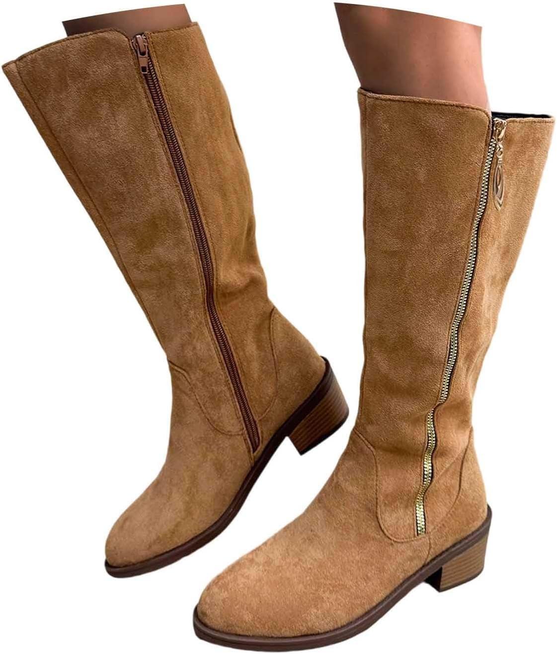 image:imageGenerisch Bottes de cowboy pour femme Bottes de cowboy avec talon Bottes larges Avec fermeture clair Chaussures dhiver basses Bottes westernKaki