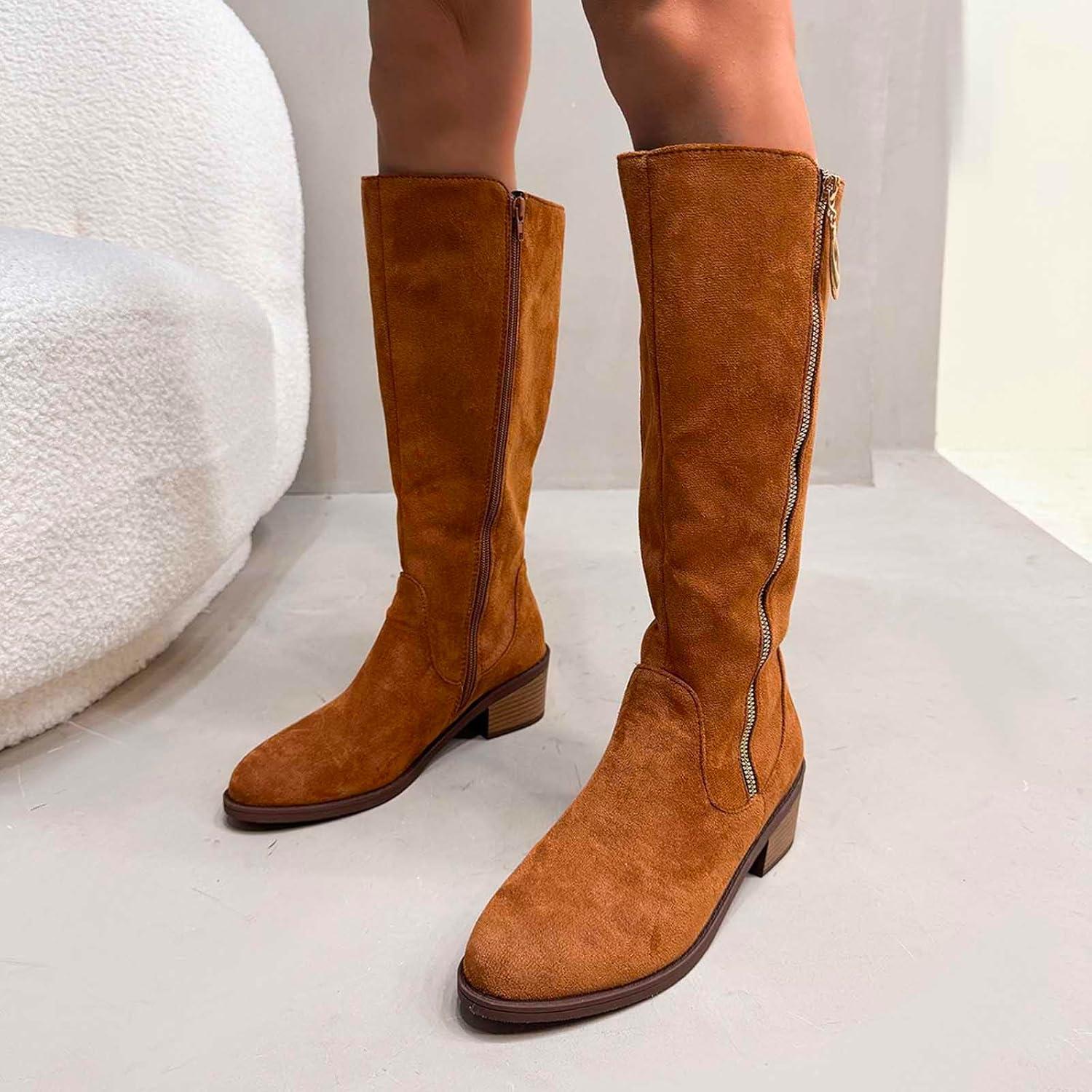 image:imageGenerisch Bottes de cowboy pour femme Bottes de cowboy avec talon Bottes larges Avec fermeture clair Chaussures dhiver basses Bottes westernMarron