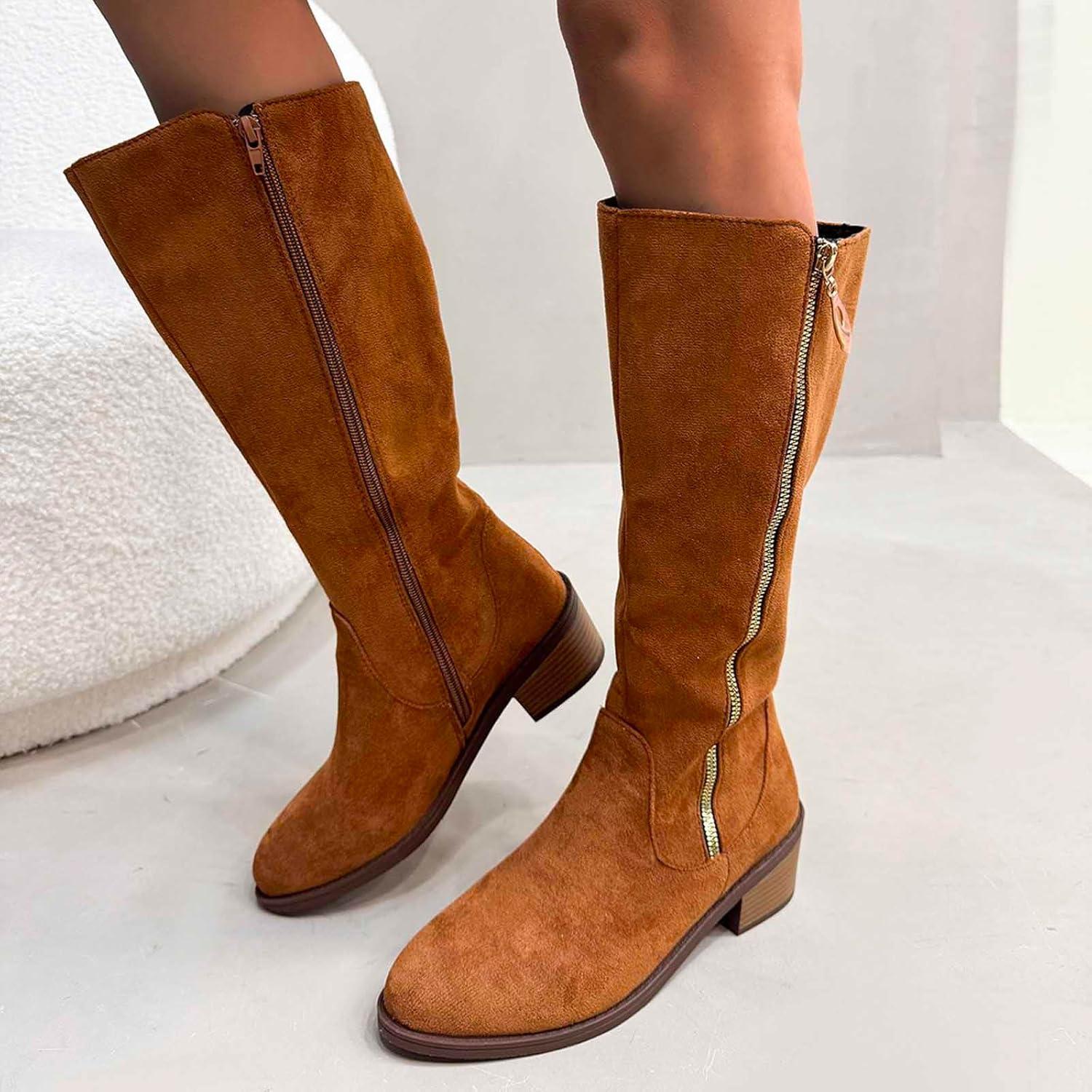 image:imageGenerisch Bottes de cowboy pour femme Bottes de cowboy avec talon Bottes larges Avec fermeture clair Chaussures dhiver basses Bottes westernMarron
