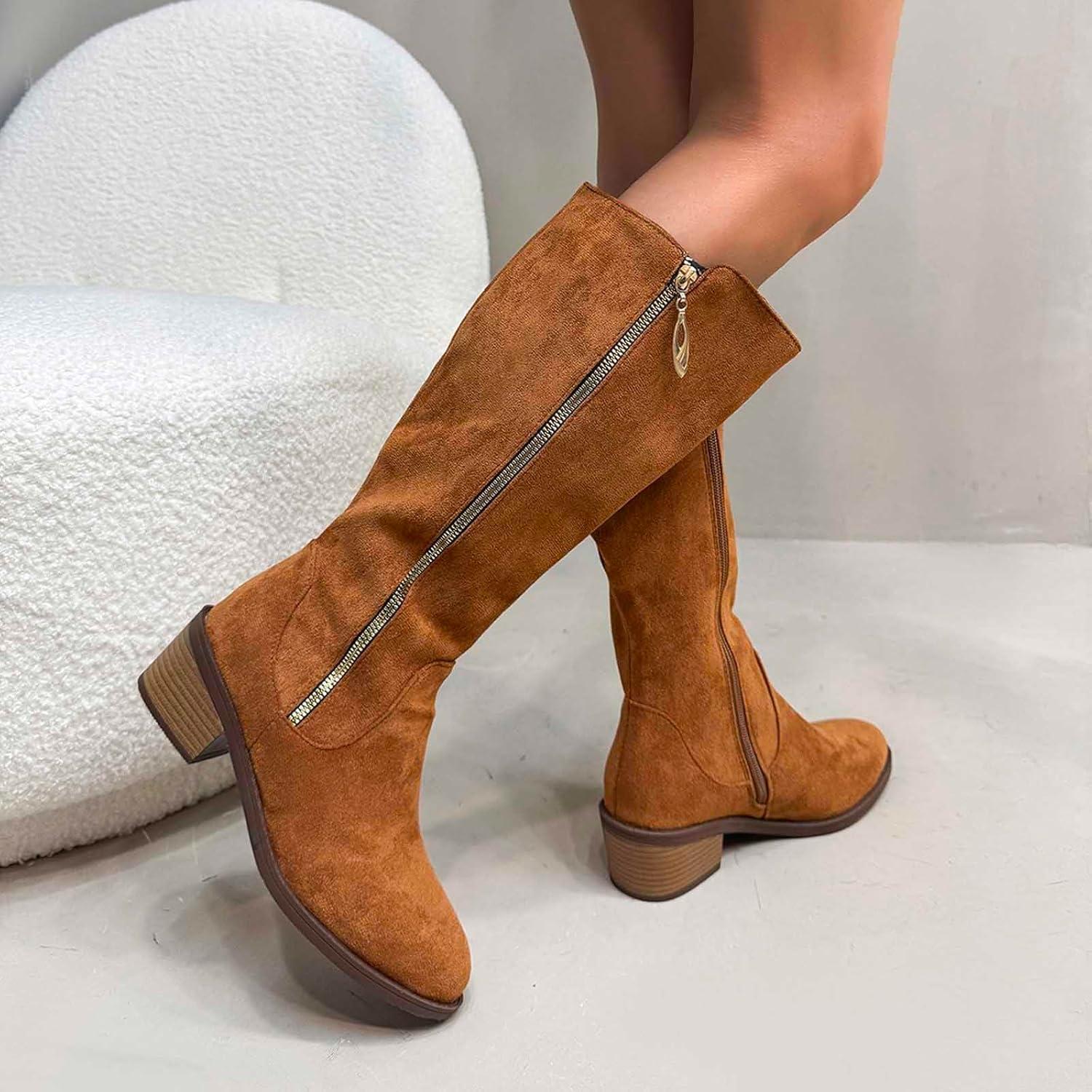 image:imageGenerisch Bottes de cowboy pour femme Bottes de cowboy avec talon Bottes larges Avec fermeture clair Chaussures dhiver basses Bottes westernMarron