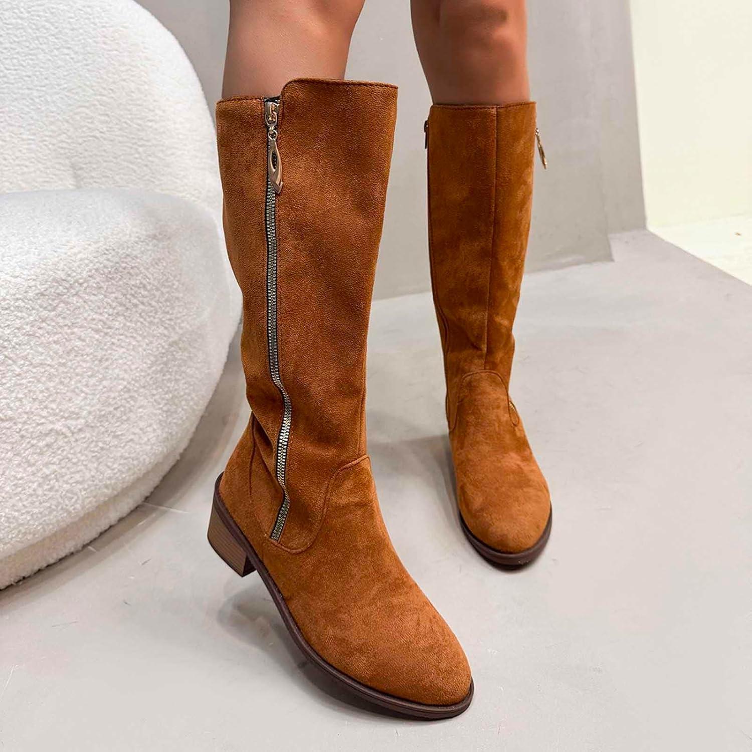 image:imageGenerisch Bottes de cowboy pour femme Bottes de cowboy avec talon Bottes larges Avec fermeture clair Chaussures dhiver basses Bottes westernMarron