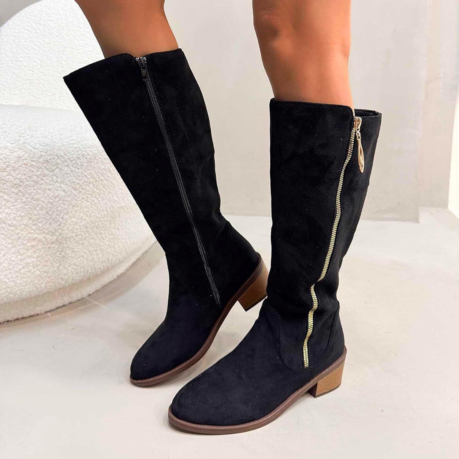 image:imageGenerisch Bottes de cowboy pour femme Bottes de cowboy avec talon Bottes larges Avec fermeture clair Chaussures dhiver basses Bottes westernNoir