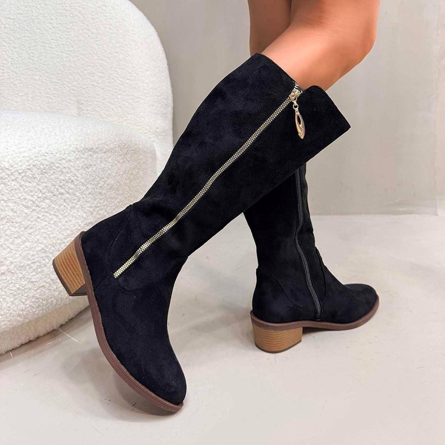 image:imageGenerisch Bottes de cowboy pour femme Bottes de cowboy avec talon Bottes larges Avec fermeture clair Chaussures dhiver basses Bottes westernNoir