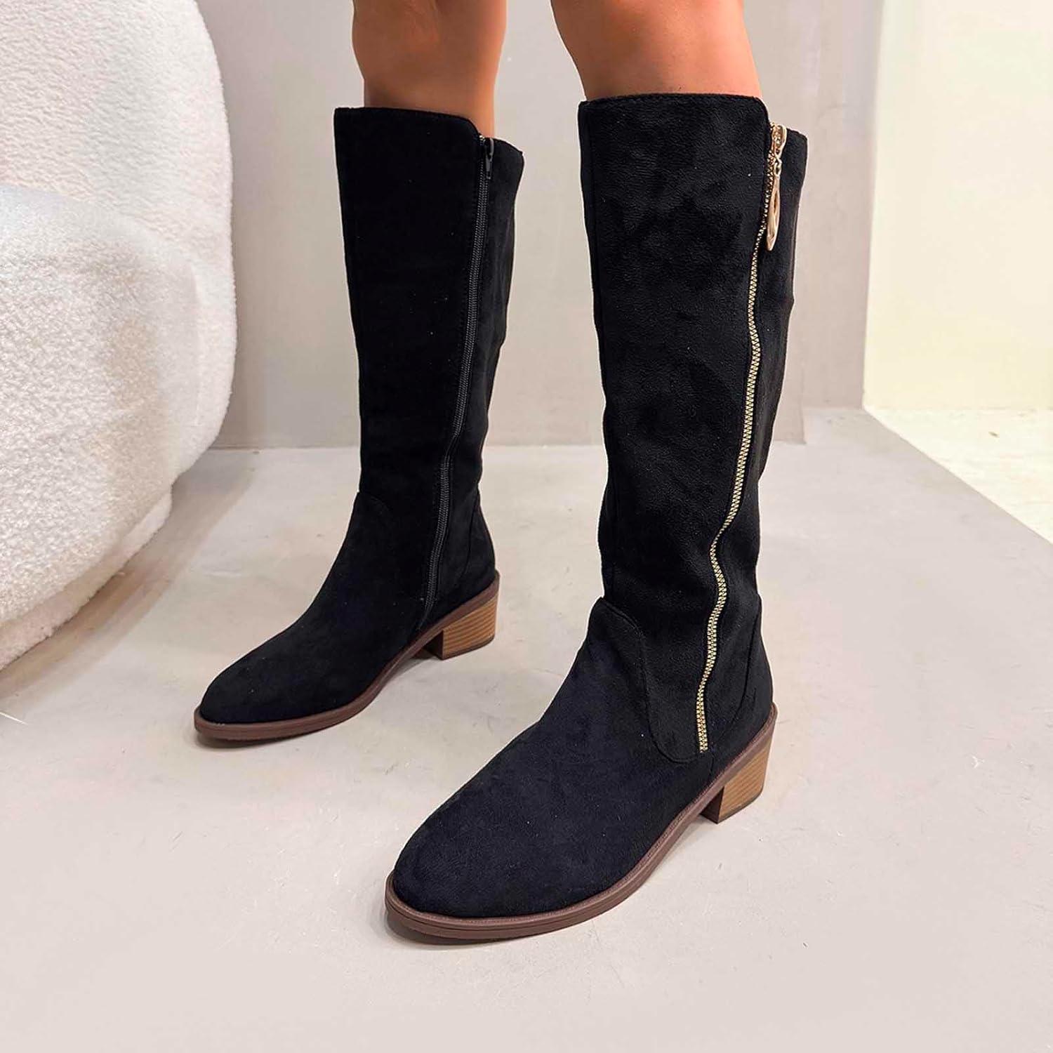 image:imageGenerisch Bottes de cowboy pour femme Bottes de cowboy avec talon Bottes larges Avec fermeture clair Chaussures dhiver basses Bottes westernNoir