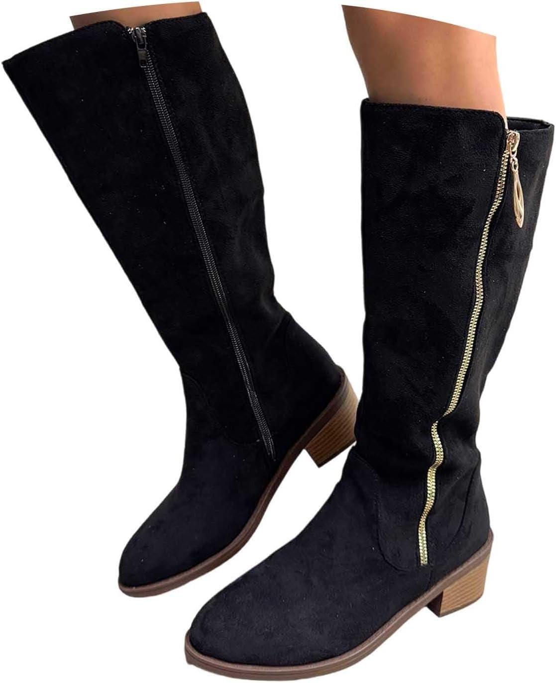 image:imageGenerisch Bottes de cowboy pour femme Bottes de cowboy avec talon Bottes larges Avec fermeture clair Chaussures dhiver basses Bottes westernNoir