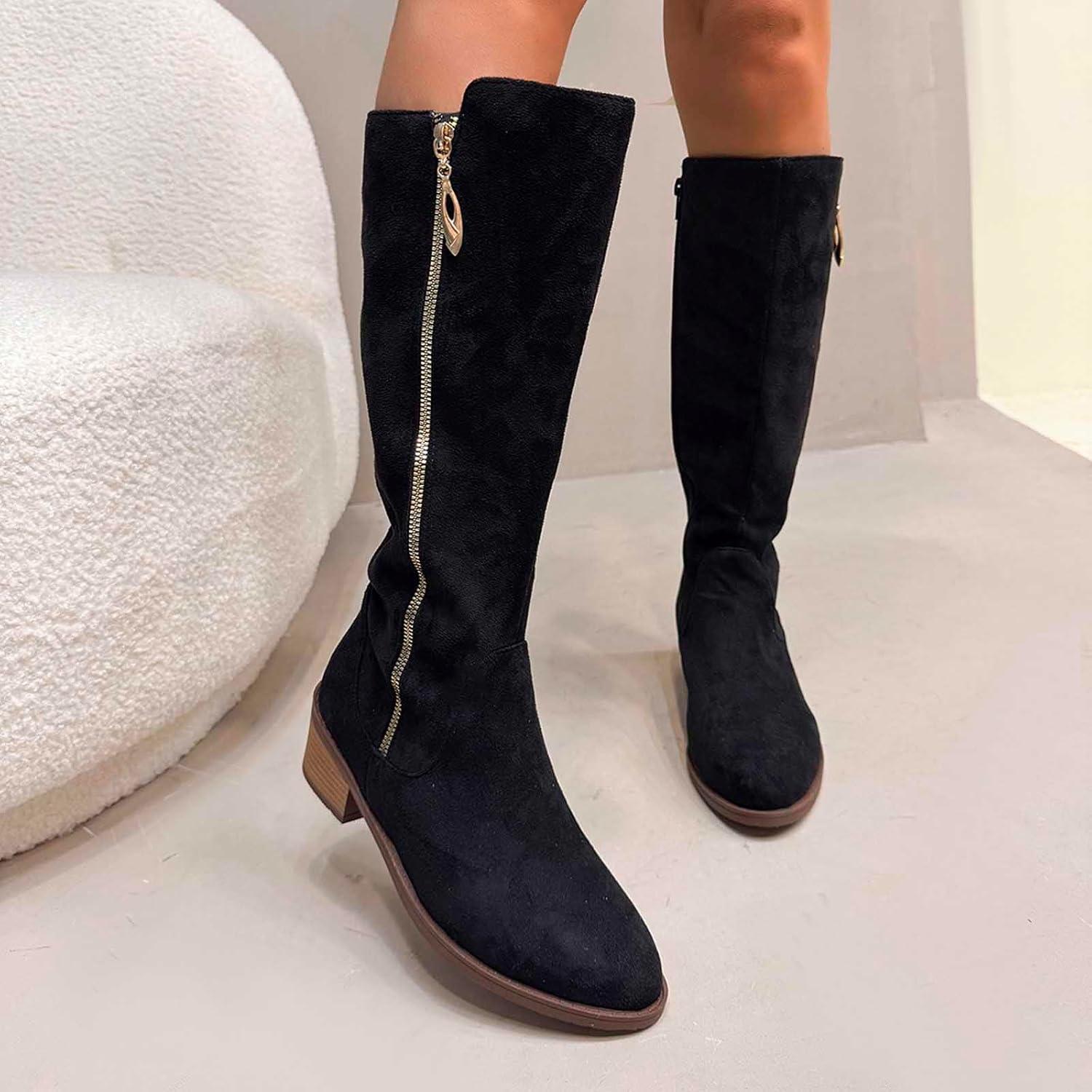 image:imageGenerisch Bottes de cowboy pour femme Bottes de cowboy avec talon Bottes larges Avec fermeture clair Chaussures dhiver basses Bottes westernNoir