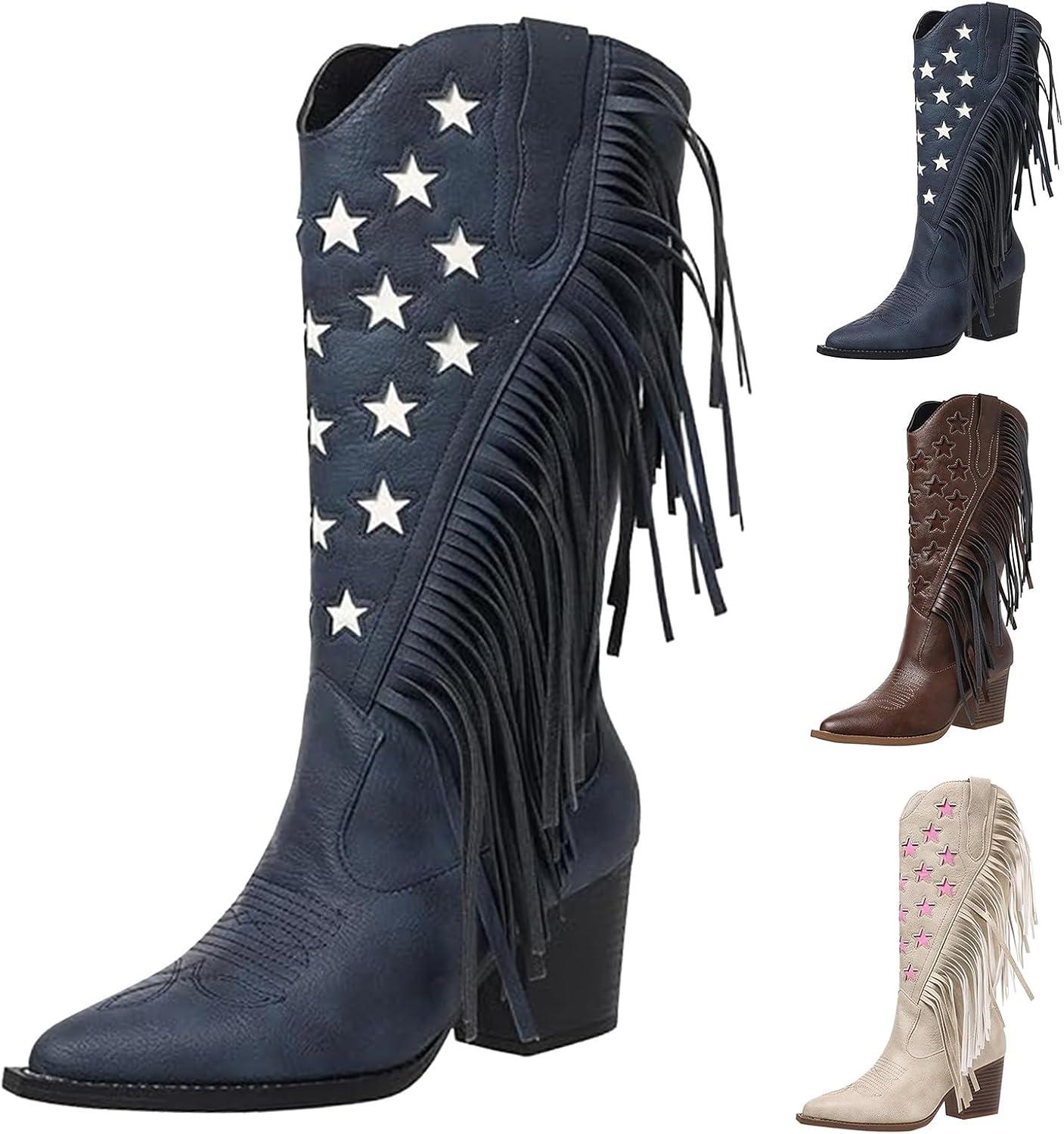 image:imageGenerisch Bottines western pour femme Talon bloc Bottes franges Bottes de cheville Bottes dhiver lgantes enfiler Bottes en cuir Bottes de chevalier tendanceBleu