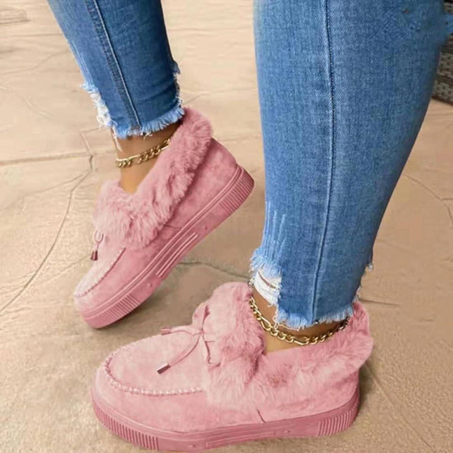 image:imageHIHELO Chaussures dhiver en peluche pour femme Chaussures plates antidrapantes et chaudes Bottes de neige plates confortables9373beige