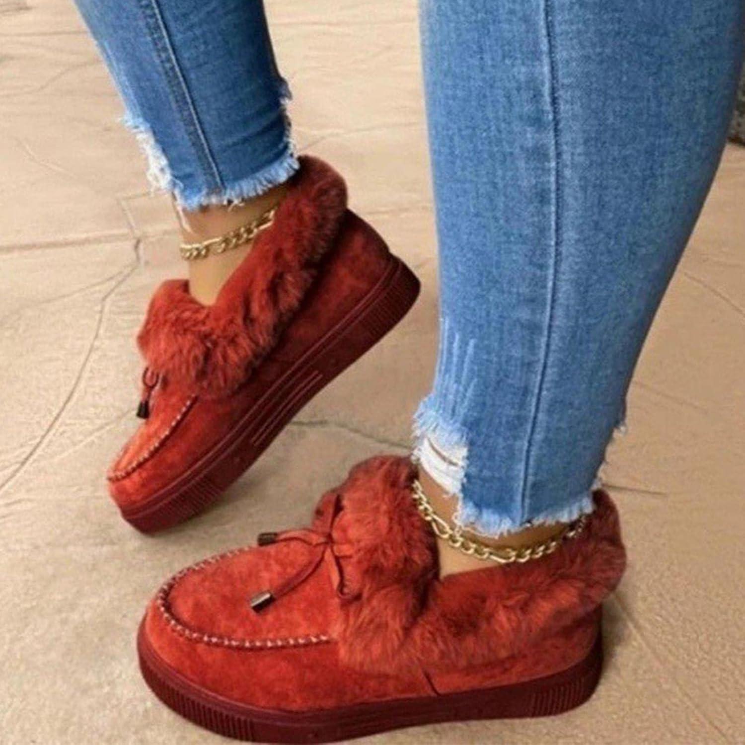 image:imageHIHELO Chaussures dhiver en peluche pour femme Chaussures plates antidrapantes et chaudes Bottes de neige plates confortablesAuburn