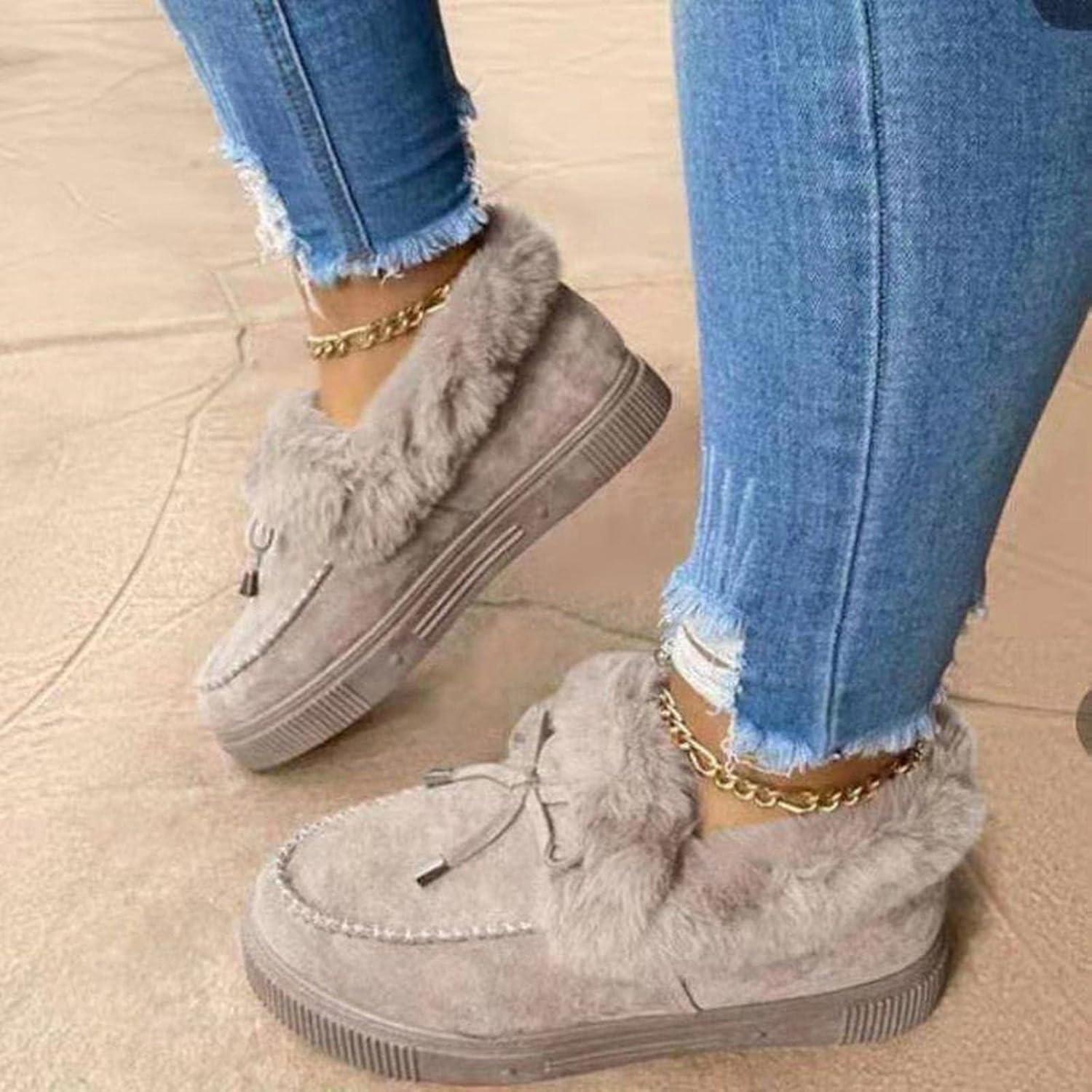 image:imageHIHELO Chaussures dhiver en peluche pour femme Chaussures plates antidrapantes et chaudes Bottes de neige plates confortablesRouge