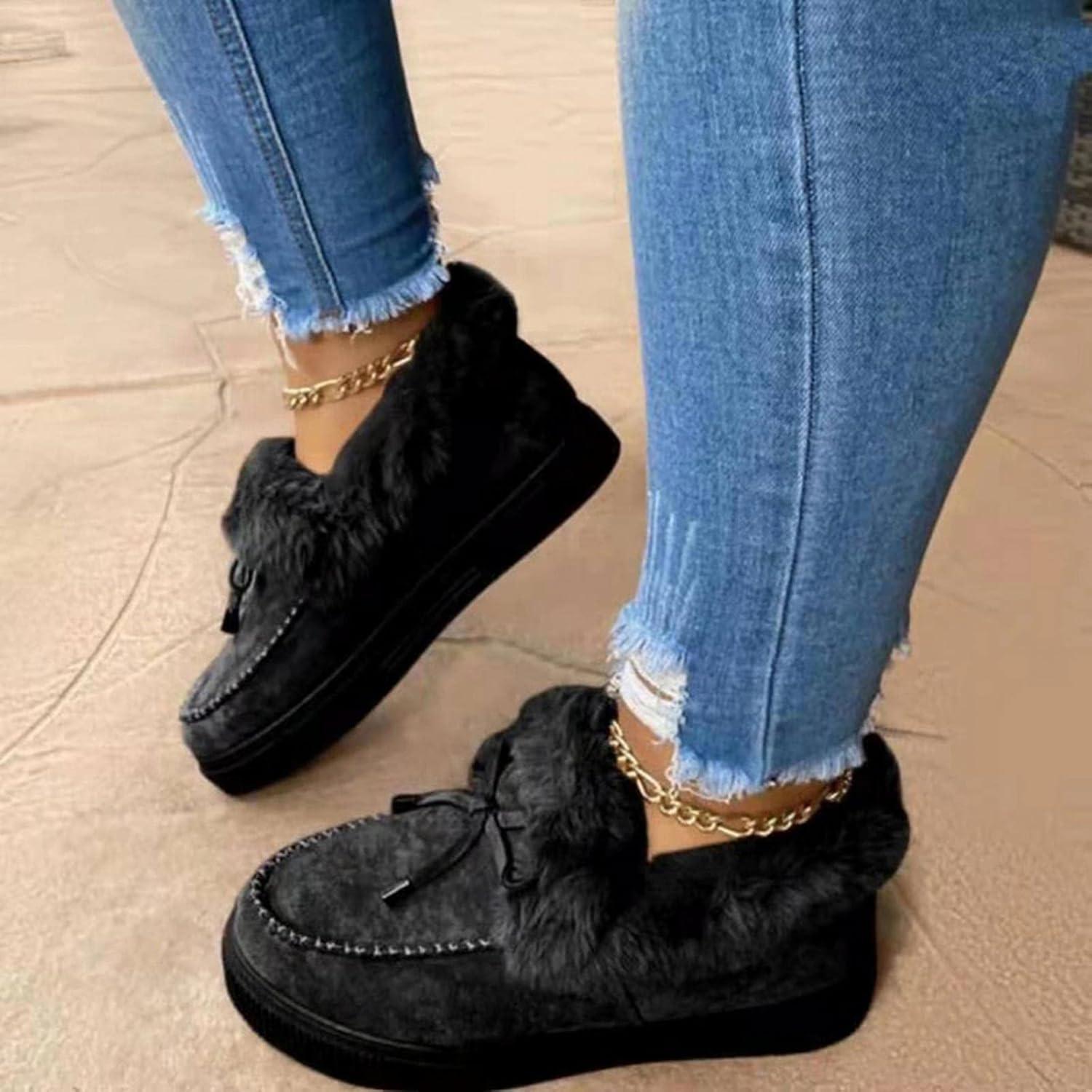 image:imageHIHELO Chaussures dhiver en peluche pour femme Chaussures plates antidrapantes et chaudes Bottes de neige plates confortablesViolet