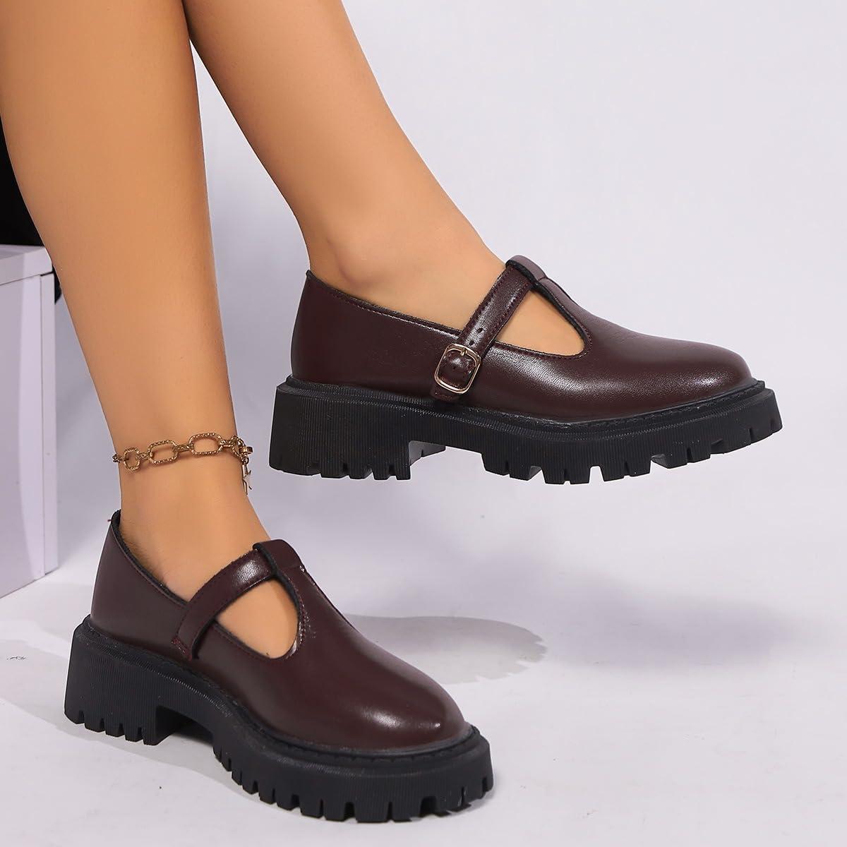 image:imageMary Jane Chaussures classiques bride en T pour femme Chaussures plates en cuir PU Chaussures habilles pour le travail de bureauMarron