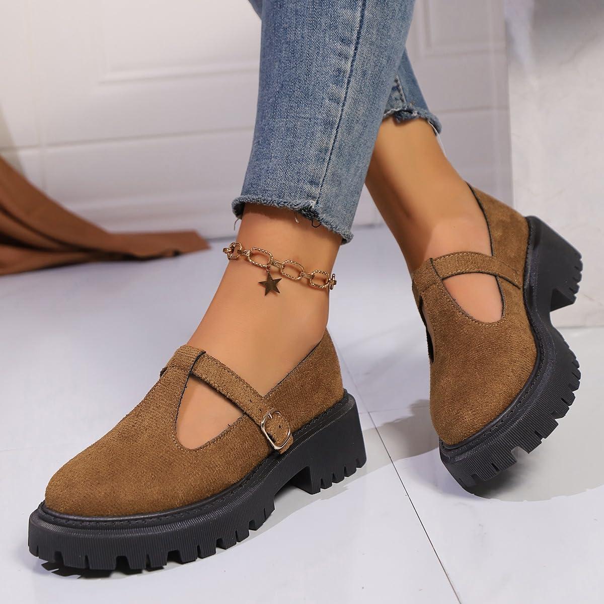 image:imageMary Jane Chaussures classiques bride en T pour femme Chaussures plates en cuir PU Chaussures habilles pour le travail de bureauMarron