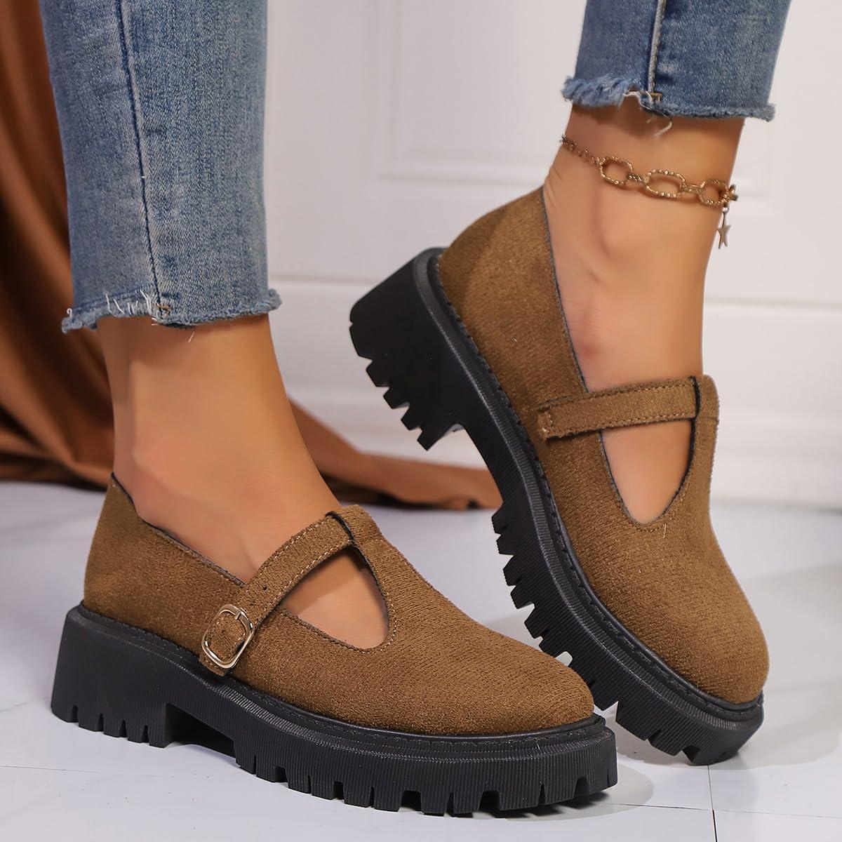 image:imageMary Jane Chaussures classiques bride en T pour femme Chaussures plates en cuir PU Chaussures habilles pour le travail de bureauMarron