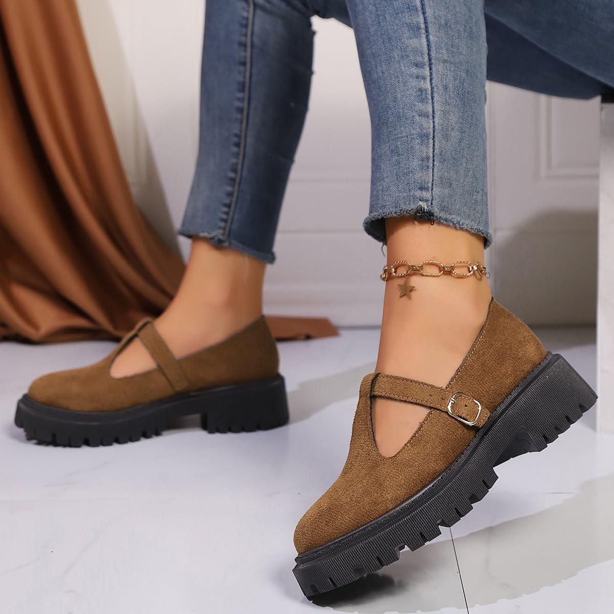 image:imageMary Jane Chaussures classiques bride en T pour femme Chaussures plates en cuir PU Chaussures habilles pour le travail de bureauMarron
