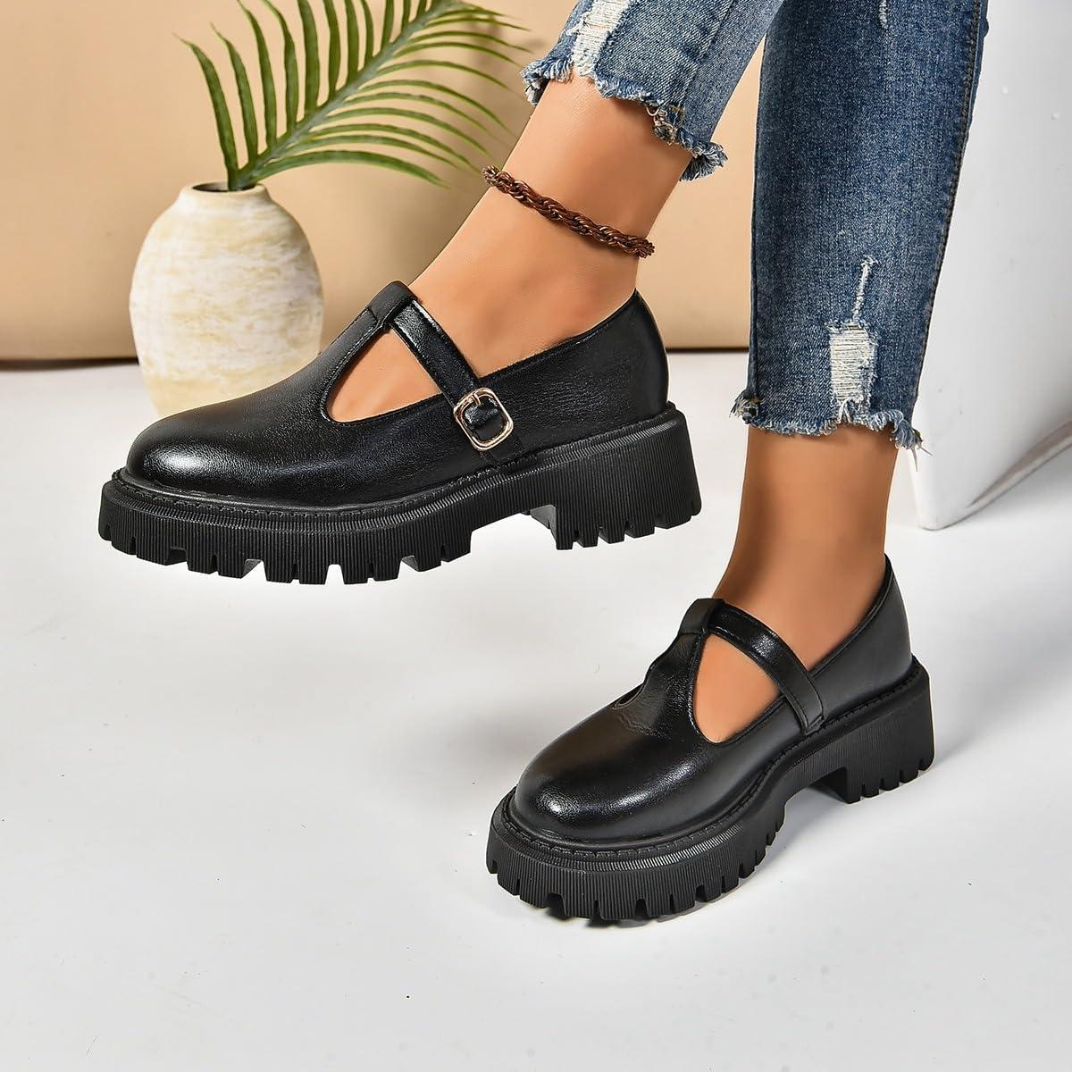image:imageMary Jane Chaussures classiques bride en T pour femme Chaussures plates en cuir PU Chaussures habilles pour le travail de bureauNoir