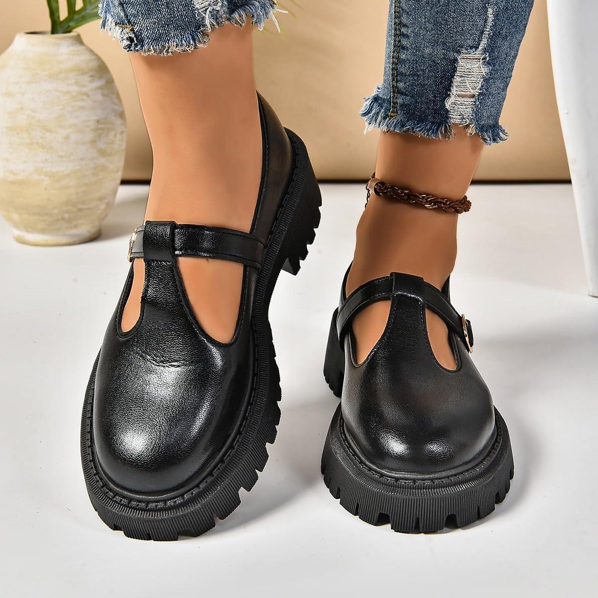image:imageMary Jane Chaussures classiques bride en T pour femme Chaussures plates en cuir PU Chaussures habilles pour le travail de bureauNoir
