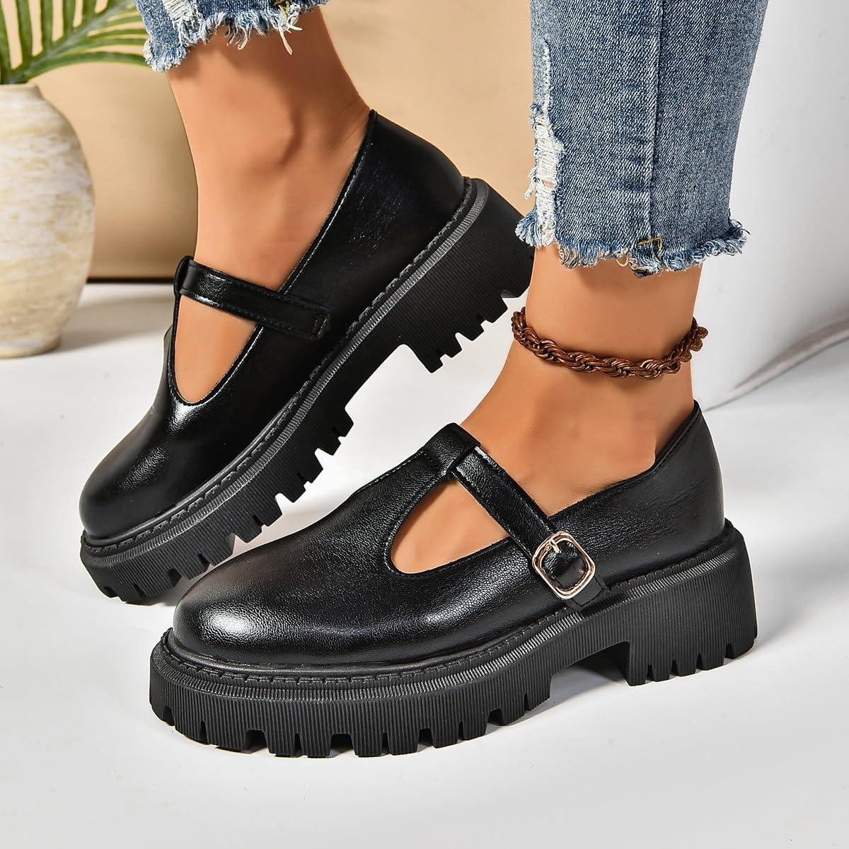 image:imageMary Jane Chaussures classiques bride en T pour femme Chaussures plates en cuir PU Chaussures habilles pour le travail de bureauNoir