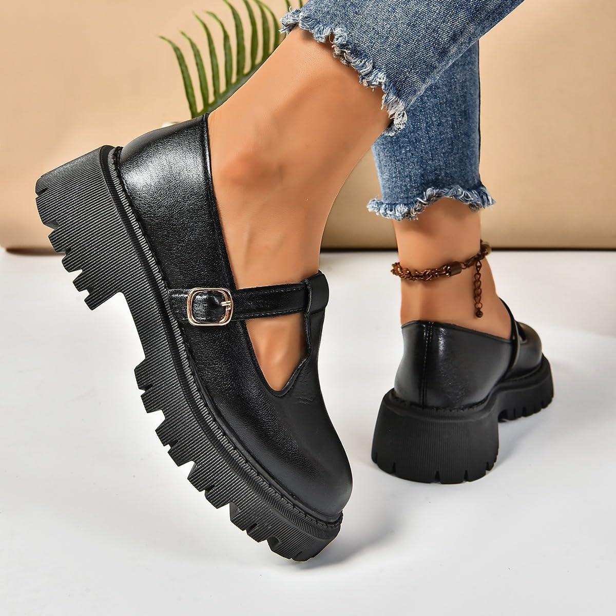 image:imageMary Jane Chaussures classiques bride en T pour femme Chaussures plates en cuir PU Chaussures habilles pour le travail de bureauNoir