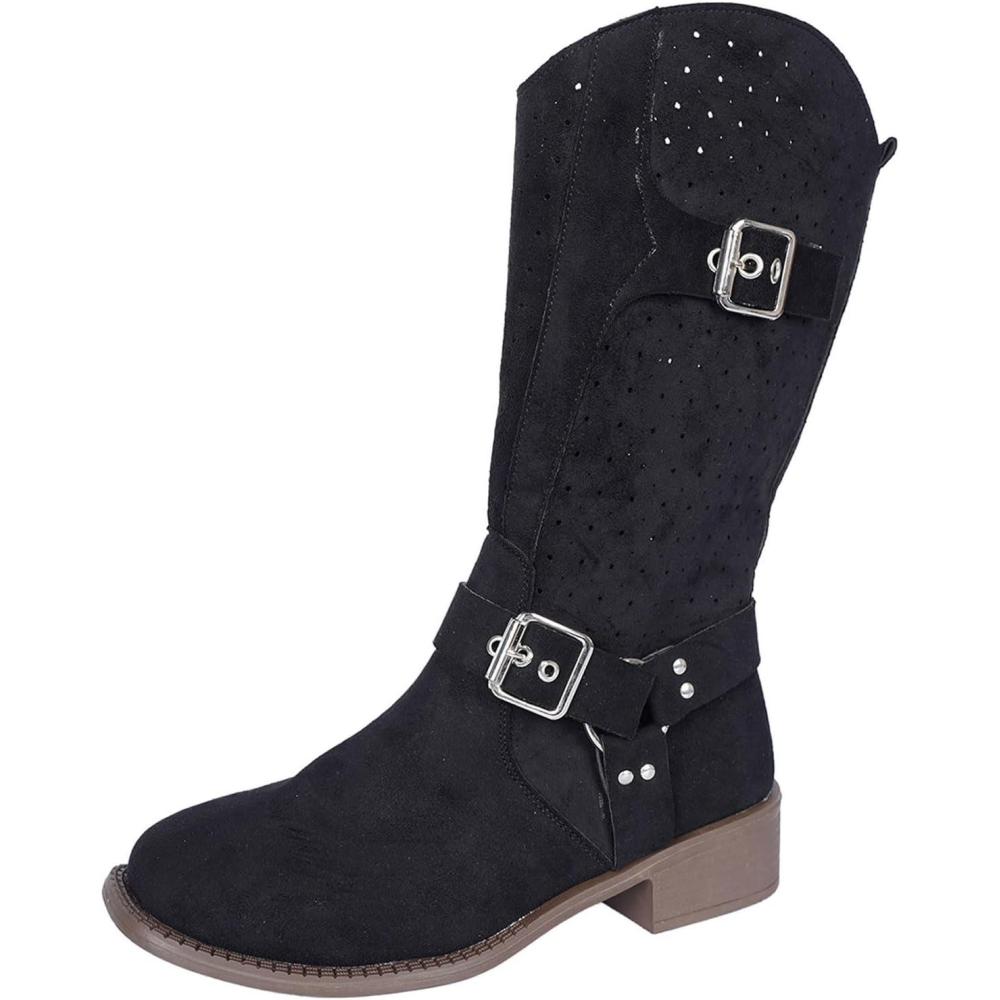 image:imageBottes de cowboy pour femme avec rivets et boucle Bottes western mimollet avec talon bloc pour festival et fte de style rockStyle Q01 Noir