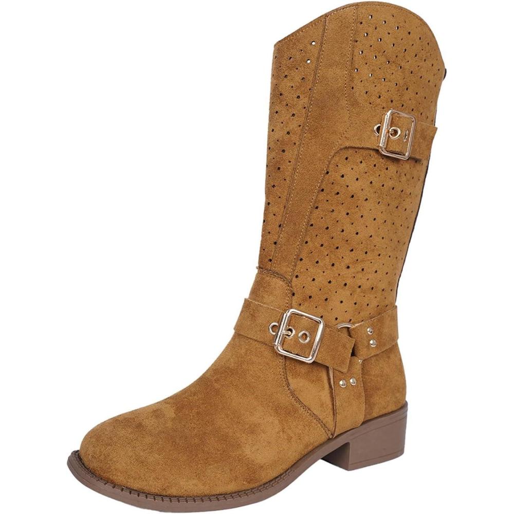image:imageBottes de cowboy pour femme avec rivets et boucle Bottes western mimollet avec talon bloc pour festival et fte de style rockStyle Q02 Marron