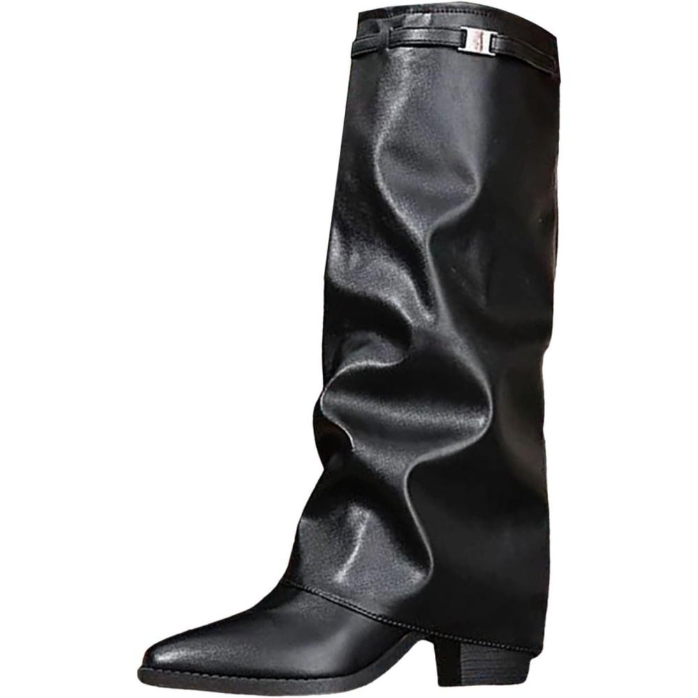 image:imageBottes dhiver pour femme talons confortables Texans lgantes marron bottines au niveau du genou en cuir botte avec gutres revers chaud noir bottes cowboyNoir