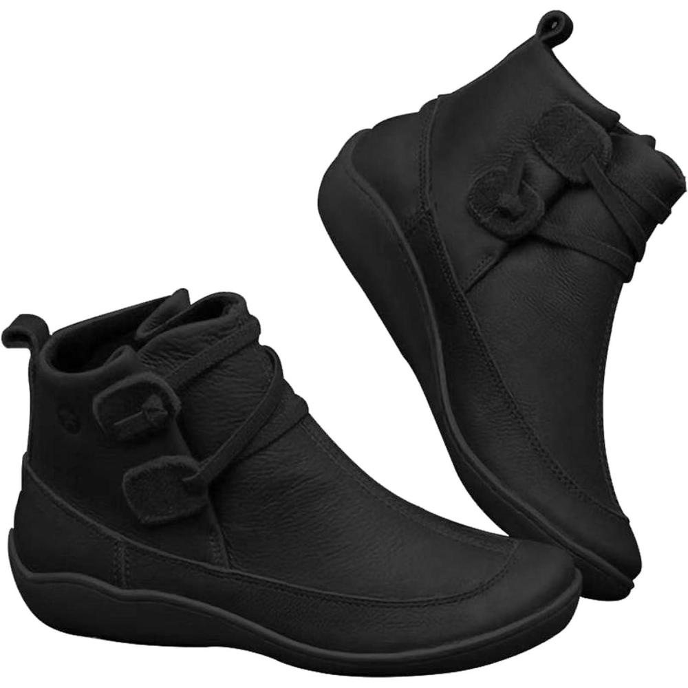 image:imageBottines courtes pour femme Chaussures plates antidrapantes en cuir Chaussures de loisirs vintage Lgres et confortables Respirantes Chaussures daffaires Chaussures de marche CouleurNoir