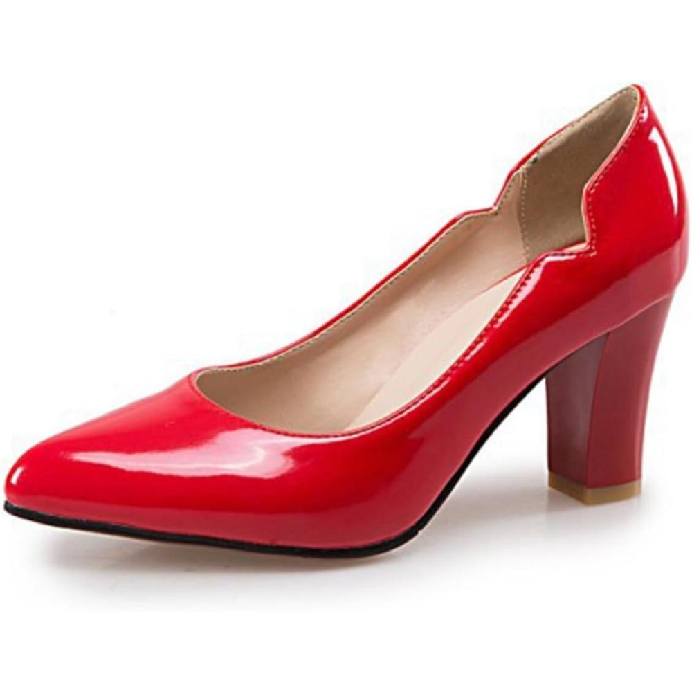 image:imageEscarpins Talon Haut Enfiler pour Femme Bout Pointu Talon pais Cuir Verni Chaussures pour Bureau Affaires et Occasions FormellesRed