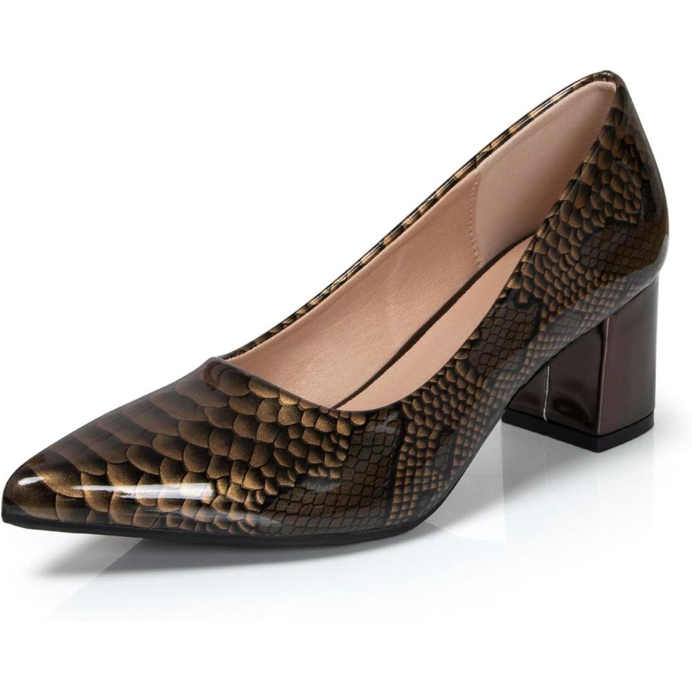 image:imageEscarpins pais Bout ferm et Pointu pour Femme 5 cm imprim Peau de Serpent Talons Bas Cuir Verni habills Confortables Enfiler pour soires et Tous Les JoursOr