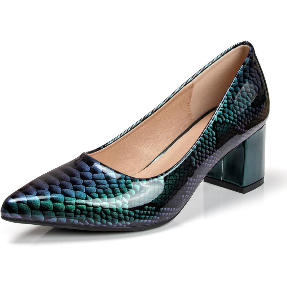 image:imageEscarpins pais Bout ferm et Pointu pour Femme 5 cm imprim Peau de Serpent Talons Bas Cuir Verni habills Confortables Enfiler pour soires et Tous Les JoursVert