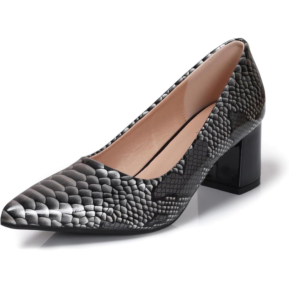 image:imageEscarpins pais Bout ferm et Pointu pour Femme 5 cm imprim Peau de Serpent Talons Bas Cuir Verni habills Confortables Enfiler pour soires et Tous Les JoursArgent