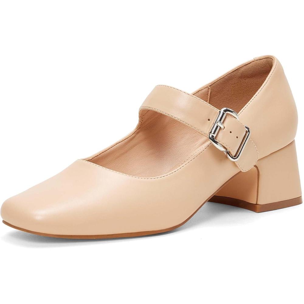 image:imageGENSHUO Escarpins Mary Jane Talons Bas et pais pour Femmes Bout Carr Ferm Bride la Cheville Parfait pour Le Bureau et lglise3642 EUBeige