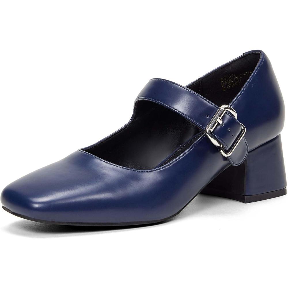 image:imageGENSHUO Escarpins Mary Jane Talons Bas et pais pour Femmes Bout Carr Ferm Bride la Cheville Parfait pour Le Bureau et lglise3642 EUBleu Marine