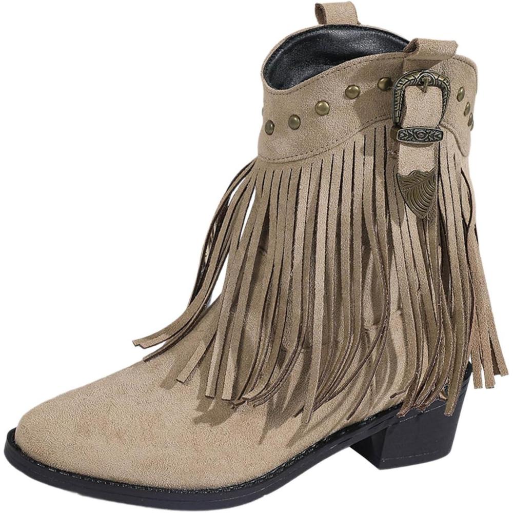 image:imageGenerisch Bottes de cowboy en daim pour femme Bottes basses Bottes western pointues talon bas Bottes en daim perfores Bottes basses pour femmeBeige