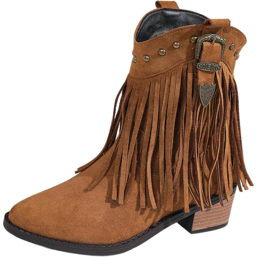 image:imageGenerisch Bottes de cowboy en daim pour femme Bottes basses Bottes western pointues talon bas Bottes en daim perfores Bottes basses pour femmeMarron