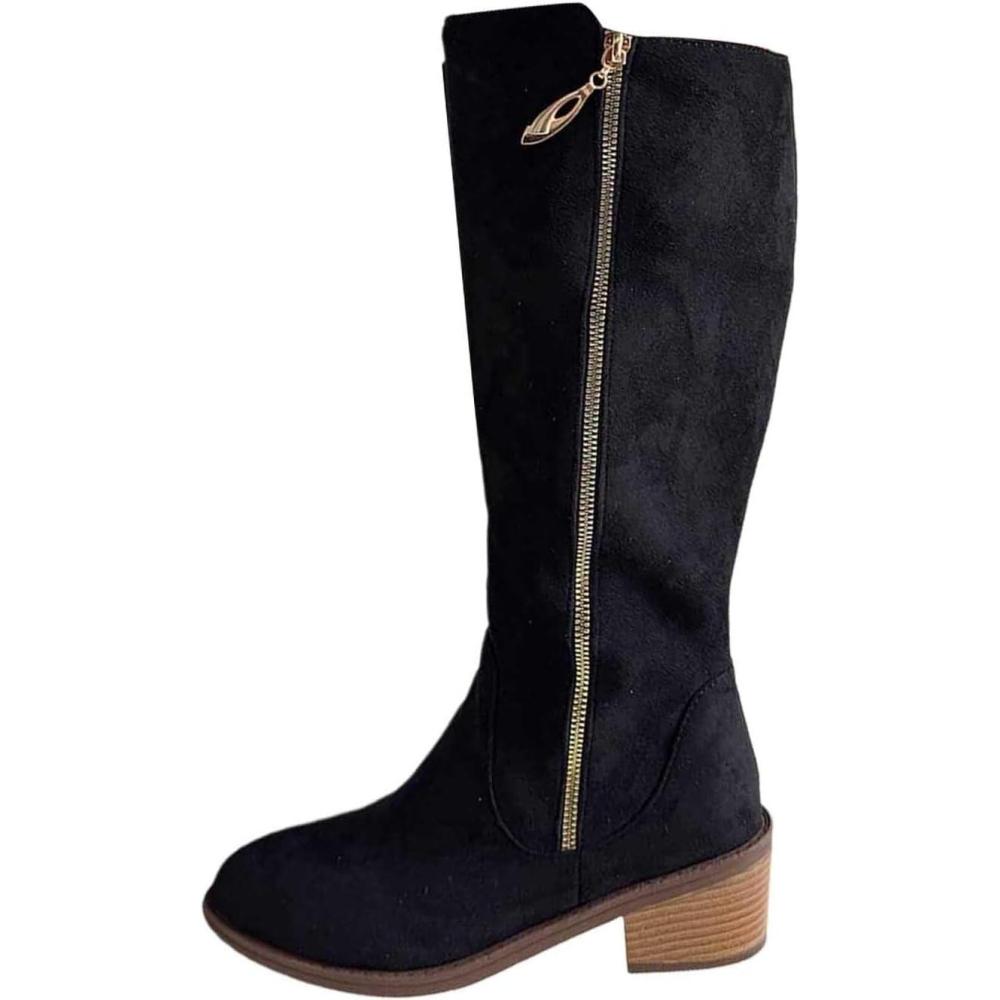 image:imageGenerisch Bottes de cowboy pour femme Bottes de cowboy avec talon Bottes larges Avec fermeture clair Chaussures dhiver basses Bottes westernNoir