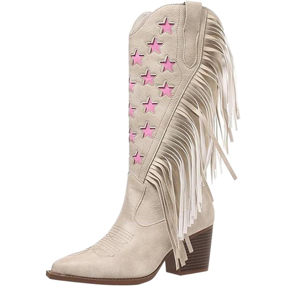 image:imageGenerisch Bottines western pour femme Talon bloc Bottes franges Bottes de cheville Bottes dhiver lgantes enfiler Bottes en cuir Bottes de chevalier tendanceBlanc