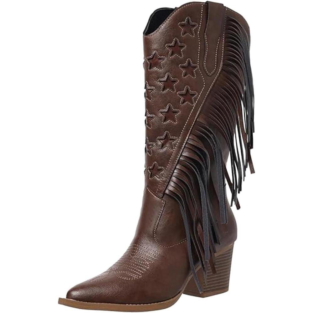 image:imageGenerisch Bottines western pour femme Talon bloc Bottes franges Bottes de cheville Bottes dhiver lgantes enfiler Bottes en cuir Bottes de chevalier tendanceMarron