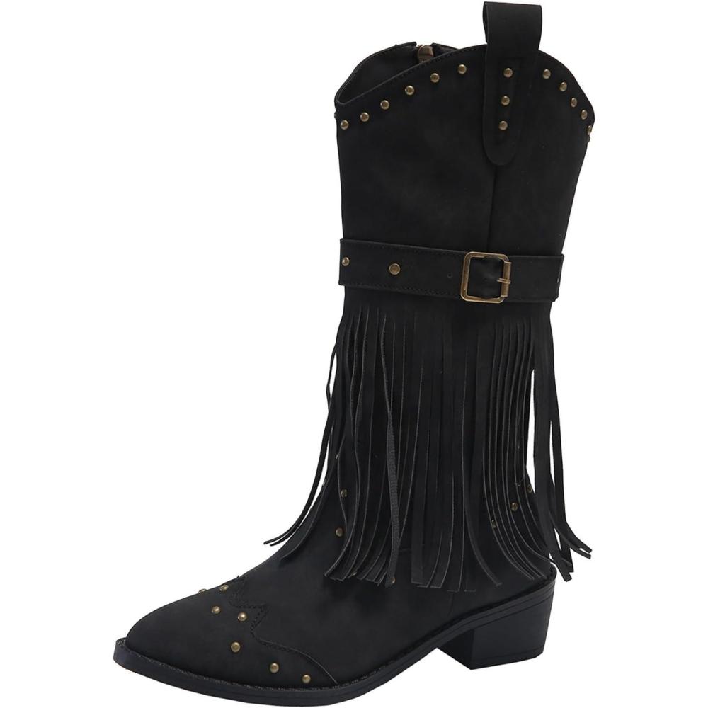 image:imageGenerisch Western Bottines de cowboy pour femme avec franges talon bloc bottes western boucle de ceinture bottes dquitation bottines vintage bottes de transition westernNoir
